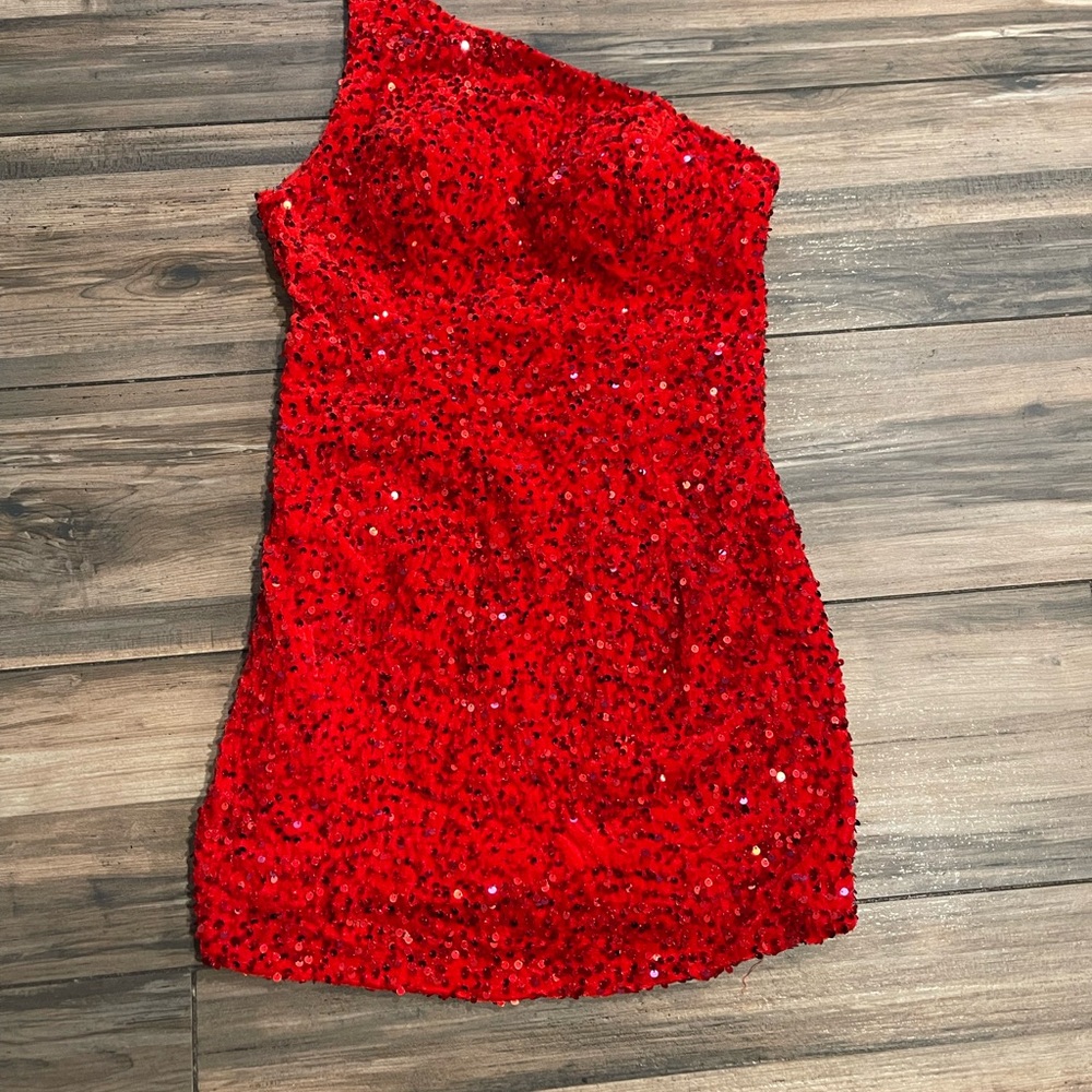 Red Sequin One-Shoulder Mini Dress